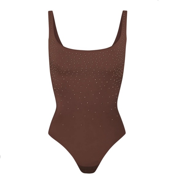 SKIMS Tops - NWT Skims x Swarovski JELLY SHEER SQUARE NECK THONG BODYSUIT Cocoa